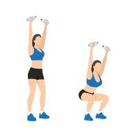 Woman doing Overhead water bottle squats exercise. Flat vector