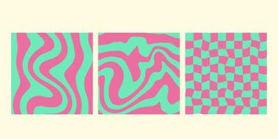 Groovy wave  patterns chess, mesh. Set of vector backgrounds in trendy retro trippy y2k style. Pink and green colors. hippie  design.