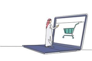 Single one line drawing of young Arabian man shopping through laptop screen with shopping cart. E-commerce, digital lifestyle concept. Modern continuous line draw design graphic vector illustration