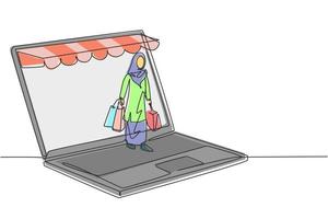 Continuous one line drawing young Arabian woman coming out of canopy laptop screen holding shopping bags. Digital lifestyle and consumerism concept. Single line draw design vector graphic illustration