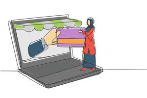 Continuous one line drawing young Arabian woman inserting credit card into large canopy laptop screen and accepted by hand. Digital payment concept. Single line draw design vector graphic illustration