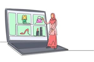 Single continuous line drawing young Arabian woman choosing shopping items on a giant laptop screen. Digital lifestyle with gadgets concept. Dynamic one line draw graphic design vector illustration