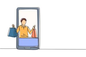 Single continuous line drawing young man coming out of smartphone screen holding shopping bags. Digital lifestyle and consumerism concept. Dynamic one line draw graphic design vector illustration