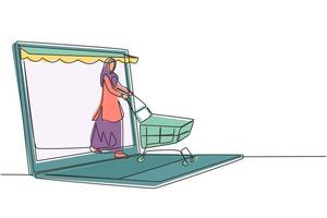dibujo de una sola línea mujer árabe saliendo de la pantalla del portátil del dosel empujando un carrito de la compra. concepto de consumismo de estilo de vida digital. Ilustración de vector gráfico de diseño de dibujo de línea continua moderna