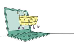 Single continuous line drawing shopping cart out of laptop. Sale, digital lifestyle, consumerism and people concept. E-commerce and digital marketing. One line draw graphic design vector illustration