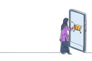 Dibujo de línea continua única joven árabe de compras a través de la pantalla del teléfono inteligente con carrito de compras. comercio electrónico, concepto de estilo de vida digital. Ilustración de vector de diseño gráfico de dibujo de una línea dinámica