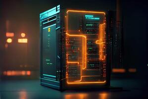 Hi-tech data storage server rack, neon computing design. photo