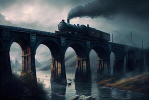 Surreal gloomy landscape with bridge and train. photo