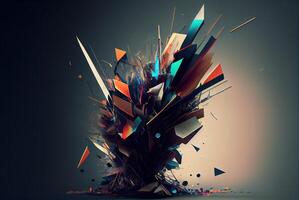 Abstract art, bright explosion of colorful shapes on dark background. photo