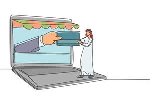 Dibujo de una sola línea joven árabe insertando una tarjeta de crédito en la pantalla del portátil con dosel y aceptada a mano. concepto de pago digital. Ilustración de vector gráfico de diseño de dibujo de línea continua moderna