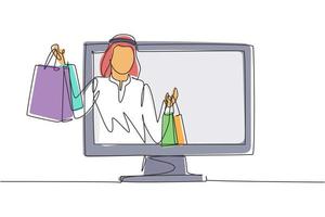 dibujo de línea continua única joven árabe saliendo de la pantalla del monitor sosteniendo bolsas de la compra. concepto de consumismo y estilo de vida digital. Ilustración de vector de diseño gráfico de dibujo de una línea dinámica