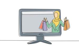 Single continuous line drawing young Arab woman coming out of monitor screen holding shopping bags. Digital lifestyle and consumerism concept. Dynamic one line draw graphic design vector illustration