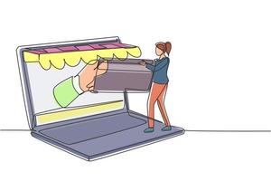 dibujo de una sola línea mujer joven insertando una tarjeta de crédito en la pantalla de un portátil con dosel grande y aceptada a mano. concepto de pago digital. Ilustración de vector gráfico de diseño de dibujo de línea continua moderna