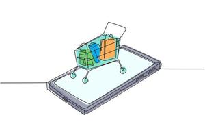 Single one line drawing shopping cart containing goods on smartphone screen. Sale, digital lifestyle with internet and gadgets concept. Modern continuous line draw design graphic vector illustration