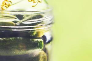 en escabeche pepinos con eneldo en un vaso frasco. pepinillos pepinos en un verde antecedentes. foto