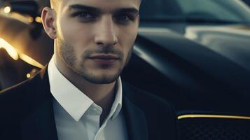 A Close-Up of a Rich Businessman Standing in Front of a Luxurious Supercar. photo