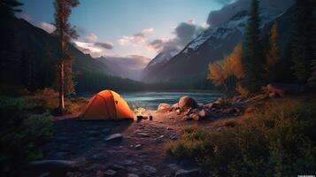 Dawn in the Wild Camping at Sunrise. photo