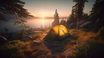 Dawn in the Wild Camping at Sunrise. photo