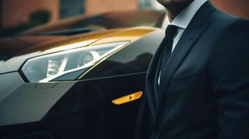 A Close-Up of a Rich Businessman Standing in Front of a Luxurious Supercar. photo