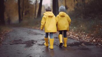 niños en caucho botas caminando en el parque. generativo ai foto