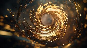 Explosion and swirl of gold sparkles background. photo