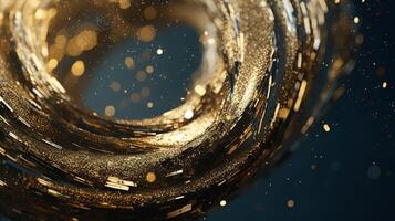 Explosion and swirl of gold sparkles background. photo