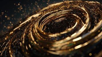 Explosion and swirl of gold sparkles background. photo