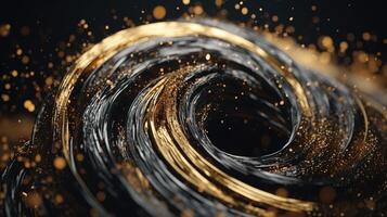 Explosion and swirl of gold sparkles background. photo