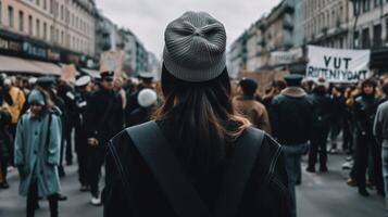 espalda ver de un mujer. el multitud reunido a protesta. generativo ai foto