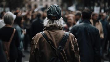 espalda ver de un mujer. el multitud reunido a protesta. generativo ai foto