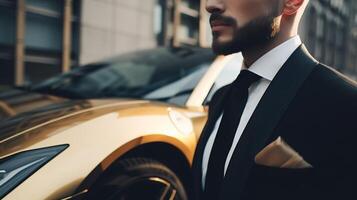 A Close-Up of a Rich Businessman Standing in Front of a Luxurious Supercar. photo