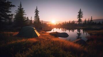 Dawn in the Wild Camping at Sunrise. photo