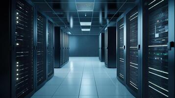 A Network Security Server Room Filled with Computer Racks. photo