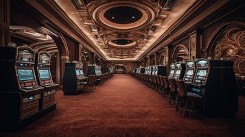 un prodigar casino interior con abundante espacio máquinas. generativo ai foto