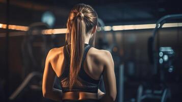 A Rear View of a Strong and Confident Woman in the Gym. photo