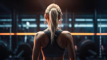 A Rear View of a Strong and Confident Woman in the Gym. photo