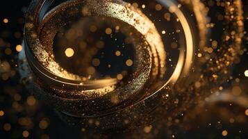 Explosion and swirl of gold sparkles background. photo