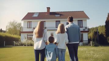 joven familia mirando a su nuevo hogar. generativo ai foto