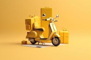 E-commerce concept, Delivery service in mobile app, Transportation or delivery by scooter, 3d render. photo