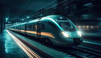 Photo of modern high speed train passing through the city at night.