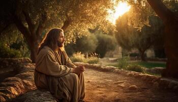 Photograph of Jesus praying in the garden of Gethsemane. Generative AI photo