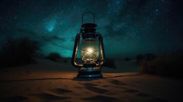 An image of an illuminated eid lantern at night with photo