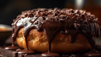 un de cerca foto de el chocolate revestimiento en el rosquilla. generativo ai