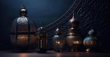 An image of an illuminated eid lantern at night with photo