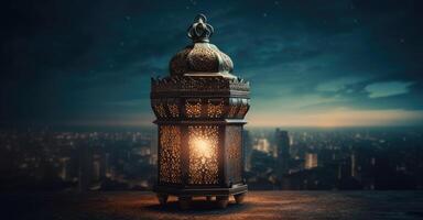 An image of an illuminated eid lantern at night with photo