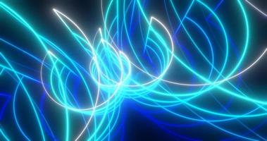 Abstract blue and purple glowing neon lines and circles energy laser flying on a black background photo