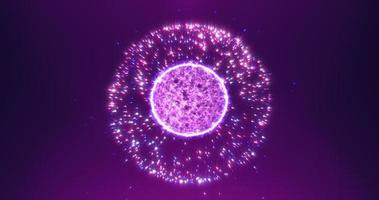 Abstract purple round sphere energy molecule from futuristic high-tech glowing particles photo