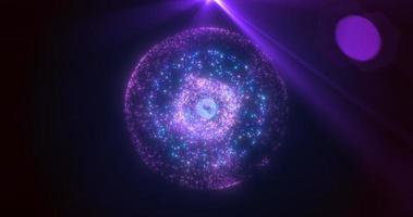 Abstract round purple sphere glowing energy magic molecule with atoms from particles and dots cosmic. Abstract background photo