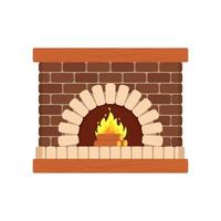 Cozy brick fireplace, wood fire, heating device. Vector illustration in flat cartoon style.