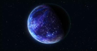 Abstract realistic space spinning planet round sphere with a blue water surface in space against the background of stars photo